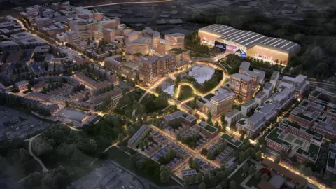 CGI of the Brabazon site in Bristol. Thousands of homes can be seen from an aerial view, with the arena centre stage and lit up.