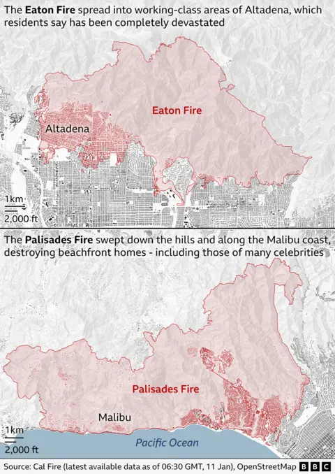 Composite map showing in red the extent of the Eaton and Palisades fires and the buildings they have damaged in the area. The Eaton Fire (above) spread into working-class areas of Altadena, which residents say has been completely devastated. The Palisades Fire (below) swept down the hills and along the Malibu coast, destroying beachfront homes, including those of many celebrities.