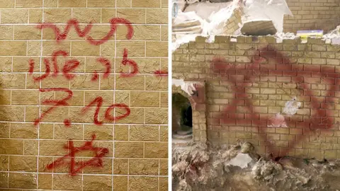 A composite image showing graffiti with Hebrew writing which reads "Tamar, this is ours" along with the date 7 October and, in another image, a sprayed Star of David