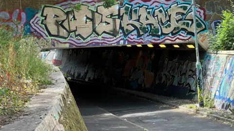 The image shows a dark underpass. There is graffiti on the walls outside. In the image the road curves to the left.