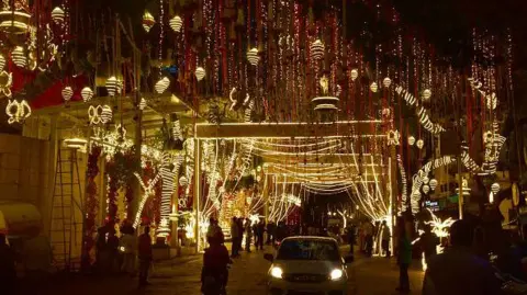 Getty Images Decorations at Antilia private residence of Industrialist Mukesh Ambani, ahead of his son Anant Ambani's wedding with Radhika Merchant at Altamount Road, Cumballa Hill on July 10, 2024