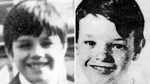 Two black and white images of two smiling school boys.