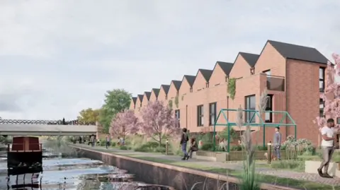 Wavensmere Homes A computer-generated image showing homes on the right and in the middle along with some people on a path near a canal, which is on the left. A bridge is above it on the left as well.