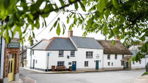 Three white buildings next to each other with blue doors, taken from the other side of the road. There are no cars on the road. There is a brown bench in front of the windows to the left of three doors. Above the middle door it says "The Farmers Arms". The photo is taken from underneath a tree and there are close up leaves in the top of the photo. 