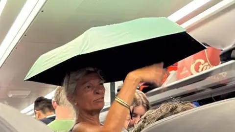 Supplied A woman holding an umbrella whilst standing in the aisle of a busy train