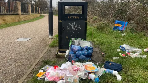 General waste piled up next to a black public litter bin which sits on a piece of grass next to a path. 