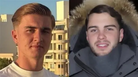 Handout Two images side-by-side. On the left there is a young man with combed-back blonde hair. On the right it is an image of a young man with short brown hair and a beard wearing a coat.
