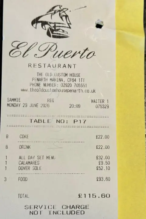 The Custom House A black and white receipt with restaurant name "El Puerto" on the top and the restaurant's Penarth marina address. It is dated Monday 29 June at 20:19. The items are listed as followed: 8 Coke, £22, All day set menu £32, Calamares £9.50, Dover Sole, £52.10. Total = £115.60.