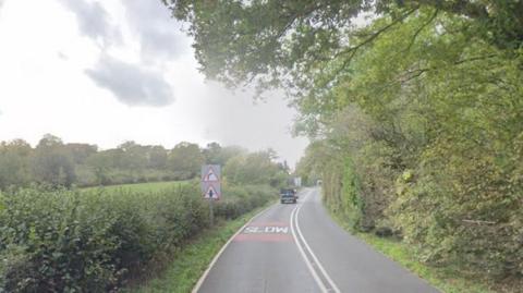 A google maps image of a road with slow markings written on it weaving through countryside with trees and hedges lining the road