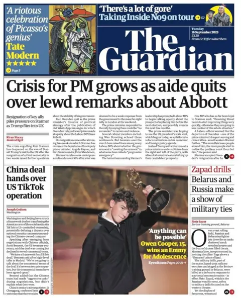 The headline on the front page of the Guardian reads: “Crisis for PM grows as aide quits over lewd remarks about Abbott”.