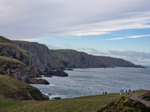 Tom Conway The rugged Berwickshire coastline and seaside on a cloudy day with a few visitors like tiny specks in the foreground