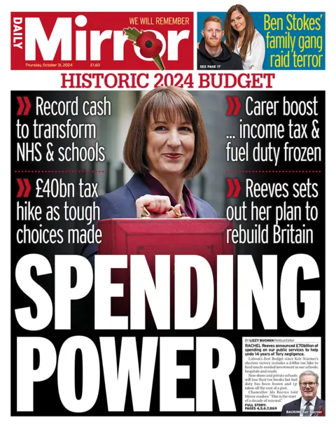 The headline in the Mirror reads: "Historic 2024 budget: Spending power". 