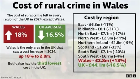 NFU A graphic showing the cost of rural crime in Wales. It shows how the cost of rural crime in the UK fell by 16.5%, compared to Wales where it rose by 18%. It all shows the costs per region elsewhere in the UK, with Wales losing £2.8m, the third lowest amount.
