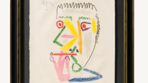 Multi-coloured abstract work by Pablo Picasso showing a face with a red cigarette propped to its mouth.