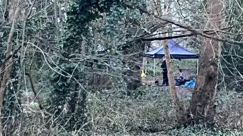 BBC/Adrian Harms A police officer stands next to an investigation tent in a wooded area. 