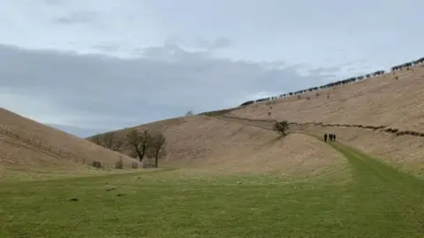 A wide, open landscape with gentle grassy hills under an overcast sky. A narrow green path curves up the right hillside, where three small figures walk in the distance. Sparse trees and a fence line sit along the lower slopes, and the dry, beige grass contrasts with the green foreground.