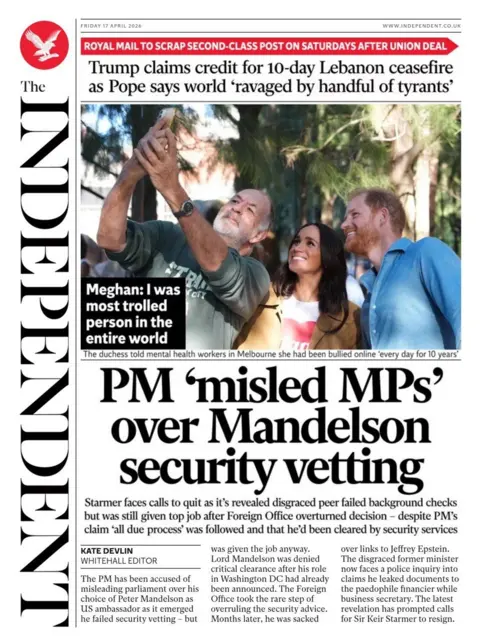 "PM 'misled MPs' over Mandelson security vetting," reads the headline on the front page of the Independent.