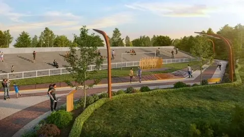 Hull City Supporters' Trust An artist's impression of how the preserved Kop will look. The terraces are visible along with access walkways, signs, lighting, seating and landscaping