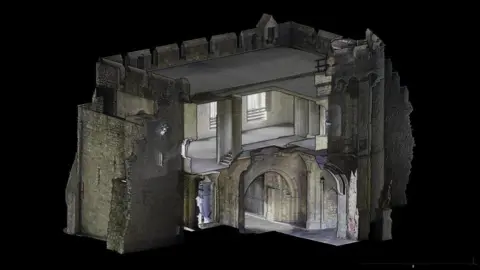 A computer generated image of a cross section of Southampton's Bargate, an old stone building.