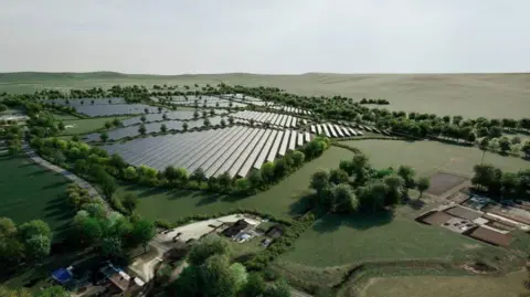An artist's impression of the solar field. It s surrounded by trees and has a gentle sloping hill behind it. A couple of farms can be seen in the foreground.