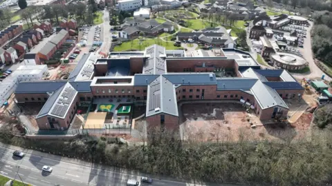 Aerial view of Carsington unit, a two storey brick building with six main halls forming two main squares