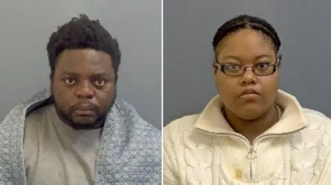 The custody photos of a man and a woman. The man is wearing a grey T-shirt and a grey jacket. The woman is wearing a white fleece and is wearing glasses. They are both looking at the camera.