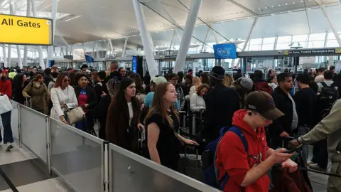 lines lines of travellers waiting in a TSA line at the airport