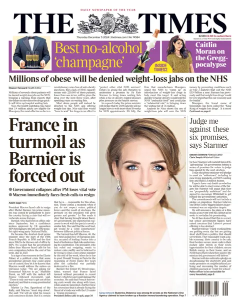 The times front page headline: "France in turmoil as Barnier is forced out"