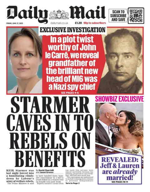 "Starmer caves in to rebels on benefits" reads the headline on the front page of the Daily Mail.