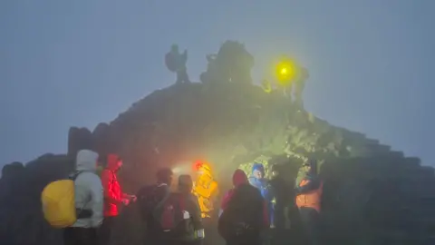 Worcestershire Acute Hospitals NHS Trust The summit of Yr Wyddfa. the sky is dark and foggy There are people standing up on a lookout with a yellow torch and are taking photos of each other. Below them, down some stone steps, is another group of people in hiking gear, waterproof coats and head torches