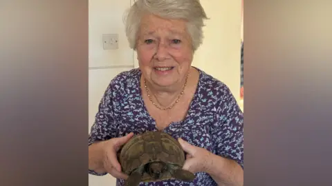 Vets for Pets An older woman with white/grey hair and a blue floral dress is smiling and holding a small brown tortoise