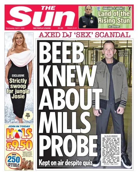 The headline on the front page of the Sun reads: "Beeb knew about Mills probe."