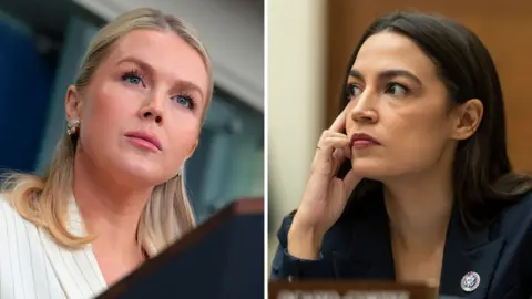 Split image of White House Press Secretary Karoline Leavitt and Congresswoman Alexandra Ocasio-Cortez