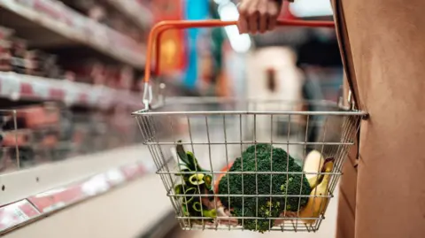 Getty Images A person holding a shopping basket with fruit and vegetables in it. They are in the meat aisle of a supermarket.