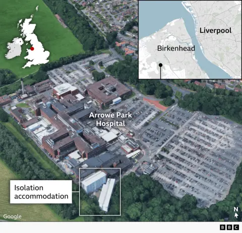 A composite image showing in the top right hand corner a map of the UK that gives way to a zoomed in map of Merseyside, highlighting the position of the hospital on the Wirral Peninsula near Birenhead. A second image underlaid shows the location of the block on the hospital site. 