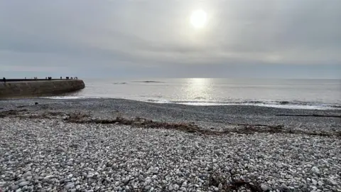 Dan Wakeman Looking out to see across a silver/grey pebble peach at Lyme Regis, with the harbour jutting into the ocean on the left. A line of seaweed shows where the tide turned, and a small wave crashes. The sun is lower in the sky and casting a white/yellow shine across the sea between itself and the shore.