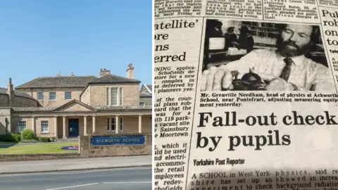Tom Bootyman The image is a side‑by‑side composite. The left panel shows a full‑colour exterior photograph of a school building, while the right panel shows a black‑and‑white newspaper page featuring a photograph and headline which reads "Fall-out check by pupils".