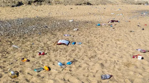 Litter including cans, cardboard packaging and bottles discarded on a sandy beach on a sunny day. 