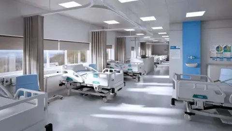 A simulation hospital ward inside a health hub used by Plymouth Marjon University on health and wellbeing courses. It has several hospital beds and privacy curtains.