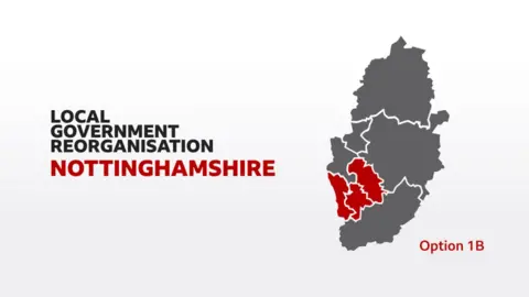 Mapa generado que muestra los límites de Nottinghamshire con la Opción 1B escrita al lado. Parte del oeste de Nottinghamshire está sombreada en rojo.