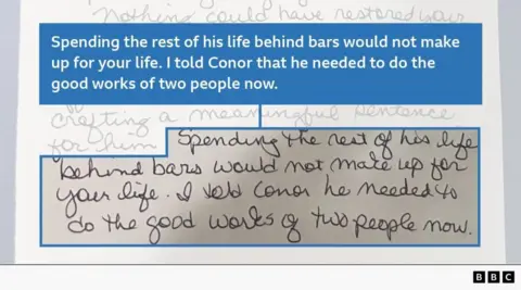 Kate Grosmaire Handwritten text that reads: "Spending the rest of his life behind bars would not make up for your life. I told Conor that he needed to do the good works of two people now."