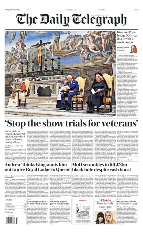 "'Stop the show trials for veterans', Starmer told to reinstate Legacy Act in full after Soldier F cleared of Bloody Sunday killings," reads the headline on the front page of the Daily Telegraph.