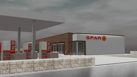 Architecture in Mann A CGI of the Spar shop with petrol pumps and a canopy. The modern block-like building has large windows.