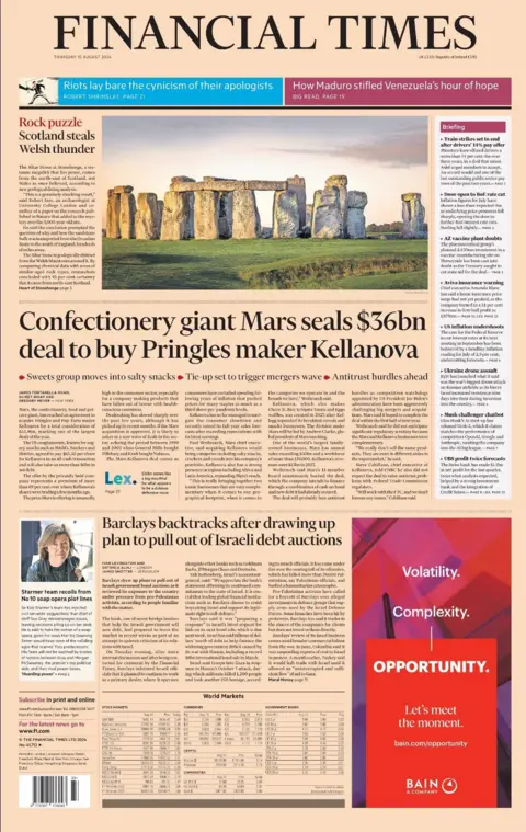 The headline on the front page of the Financial Times reads: "Confectionery giant Mars closes $35 billion deal to buy Pringles maker Kellanova"