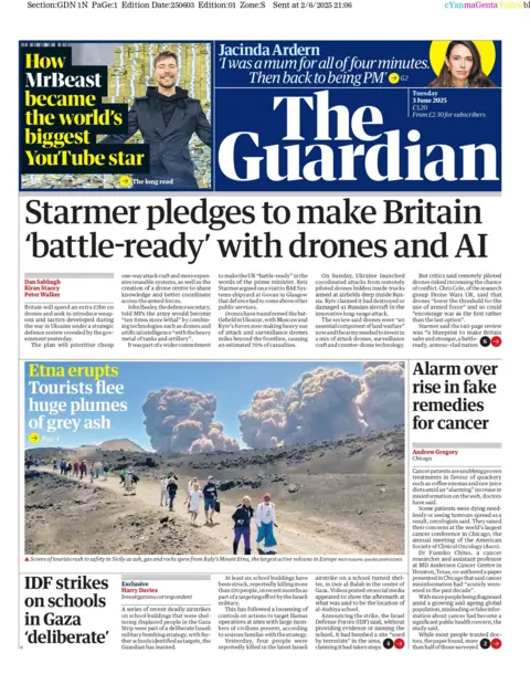 "Starmer pledges to make Britain 'battle-ready' with drones and AI" reads the headline on the front page of The Guardian.