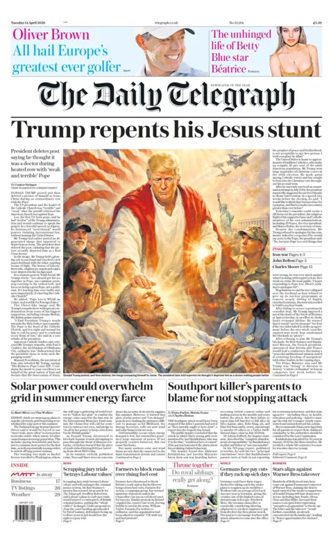 "Trump repents his Jesus stunt," reads the headline on the front page of the Daily Telegraph.