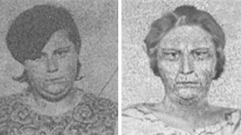 Grainy black and white image of Tina Whittamore as a teenager next to a grainy and black and white image created by police of what she could look like today