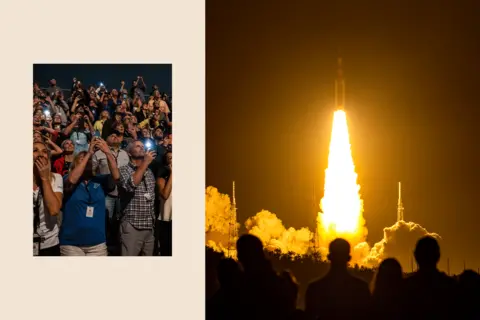 Getty Images Collage showing spectators on the left and on the right an Artemis unmanned lunar rocket lifting off at Nasa's Kennedy Space Center in Cape Canaveral, Florida