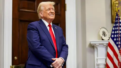 US President Donald Trump speaking in the Roosevelt Room of the White House in Washington, DC.