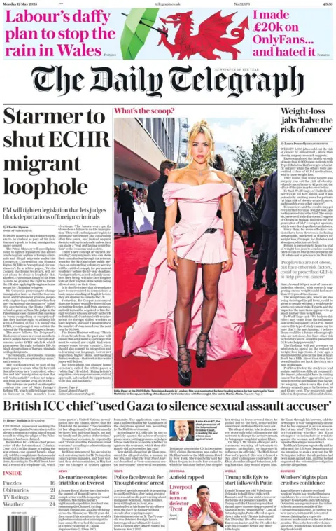 Daily Telegraph front page on Monday 12 May 2025